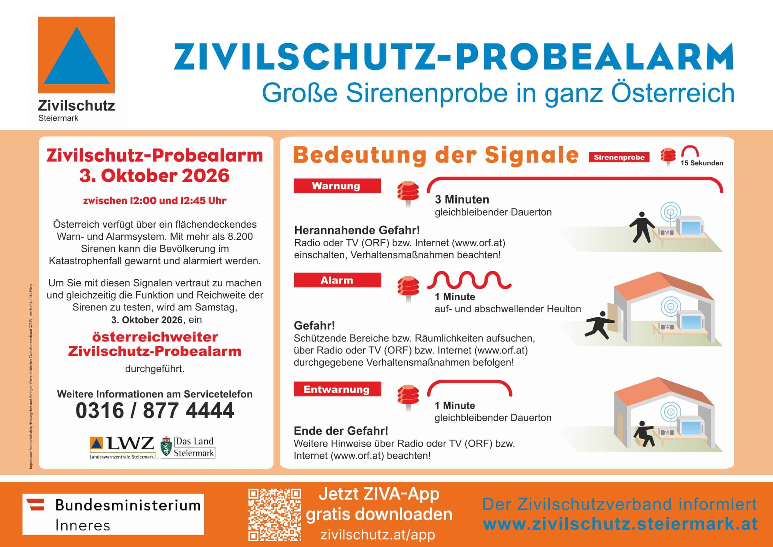 Infografik auf Deutsch über einen Zivilschutz-Sirenenalarm in Österreich, in der verschiedene Alarmsignale erläutert werden und Kontaktdaten für weitere Informationen angegeben sind.