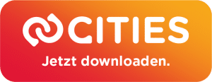 Das CITIES-Logo mit dem Text „Jetzt herunterladen“ auf einem orange-roten Farbverlaufshintergrund.